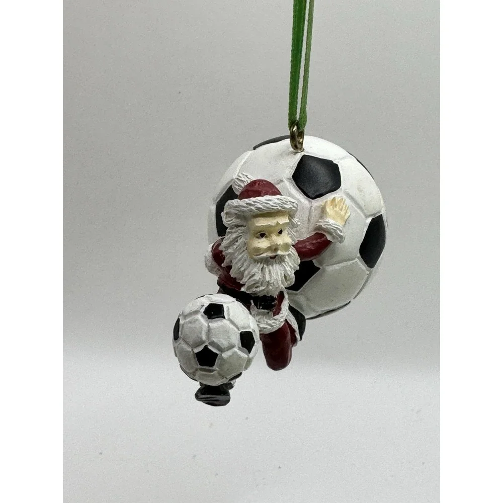 SANTA PLAYING SOCCER SOCCER BALLS Vintage‎ Christmas Ornament RESIN Vintage Coll